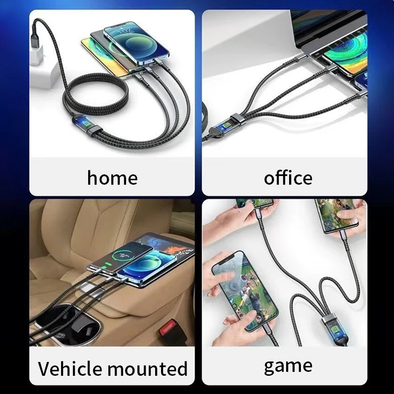 Cavo USB con display digitale 3 in 1 da 100 W LED Tipo C Micro USB per Iphone Samsung Huawei Xiaomi Cavo di ricarica multiporta multiplo