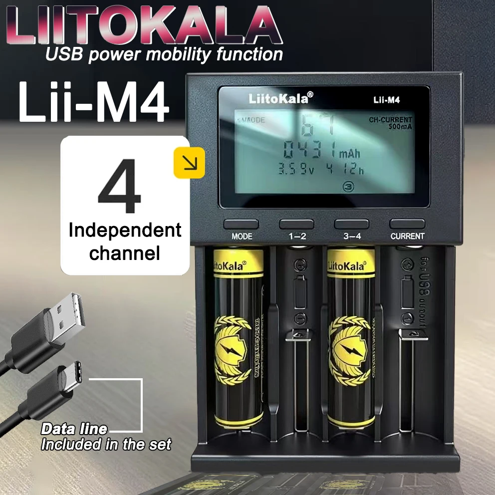 Analizador de cargador inteligente LiitoKala de 4 ranuras |   Lii-500/M4/M4S |   Probador de capacidad de batería con pantalla LCD |   Salida USB 5V |   CE/FCC