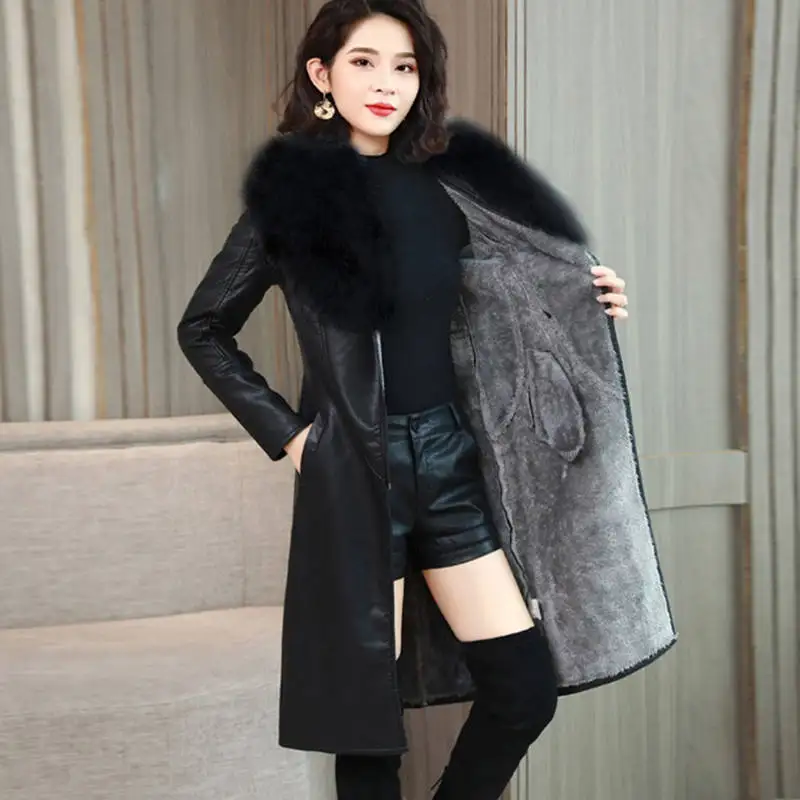 Damen-Jacke mit großem Pelzkragen, schmal, lang, PU-Leder, dicker warmer Mantel, große Größe, lässige Oberbekleidung, Wintermode, neu