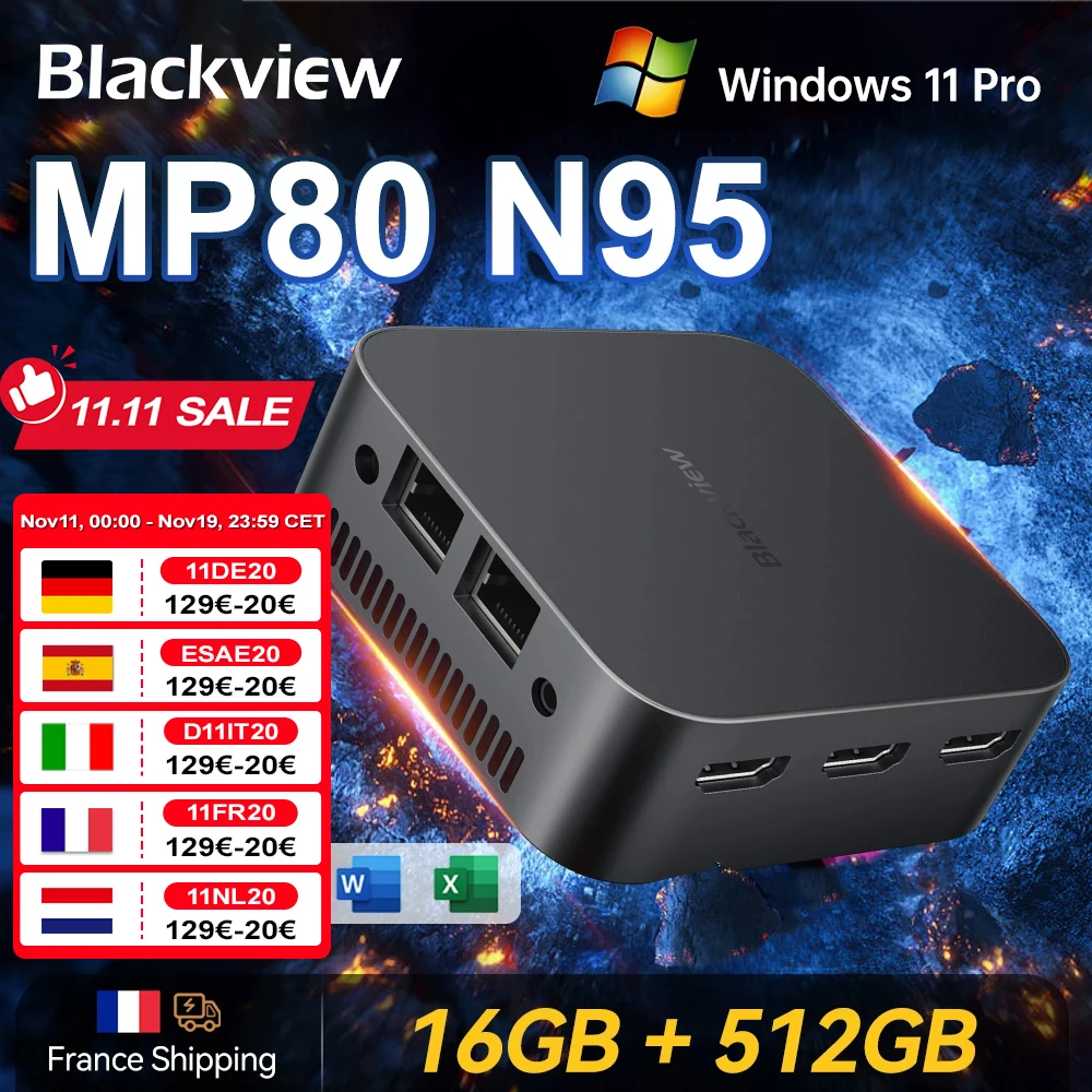 Blackview Mini-PC MP80 Desktop-Computer Intel Alder Lake N95 WiFi 2,4/5G USB 3.0 16 GB DDR 512 GB SSD 4K HD Windows 11 Pro
