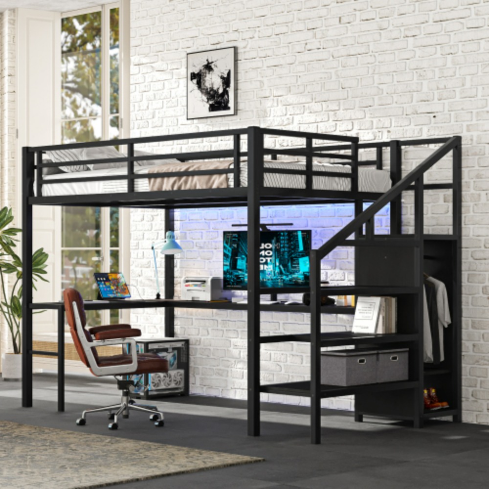 Full Size Loft Bed with L-shaped Desk and USB, Metal Loft Bed with Wardrobe and Adjustable Shelf, High Loft Bed with LED for Kid