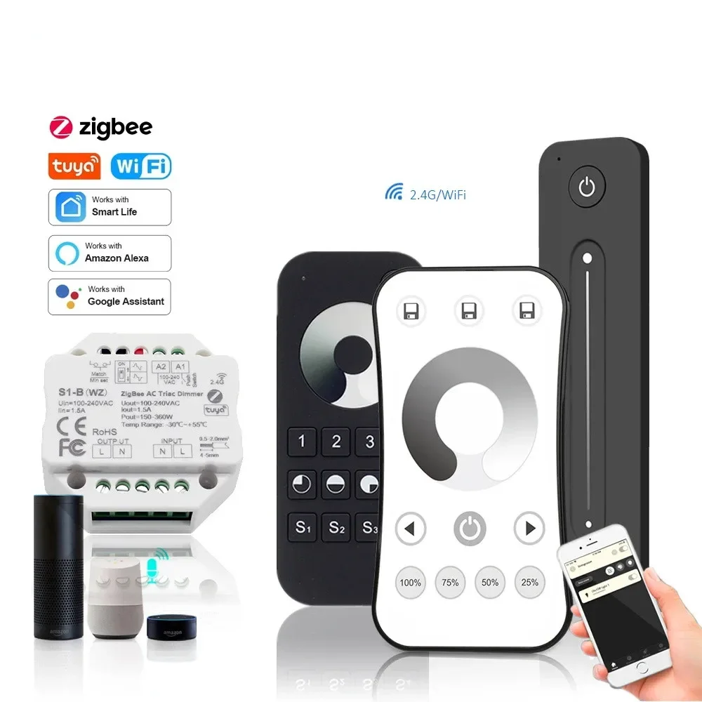 Zigbee Triac LED Dimmer 220V AC 110V 230V Tuya Smart Switch Controller WIFI Wireless RF 2.4G Remote for Single Color Bulb Lamp