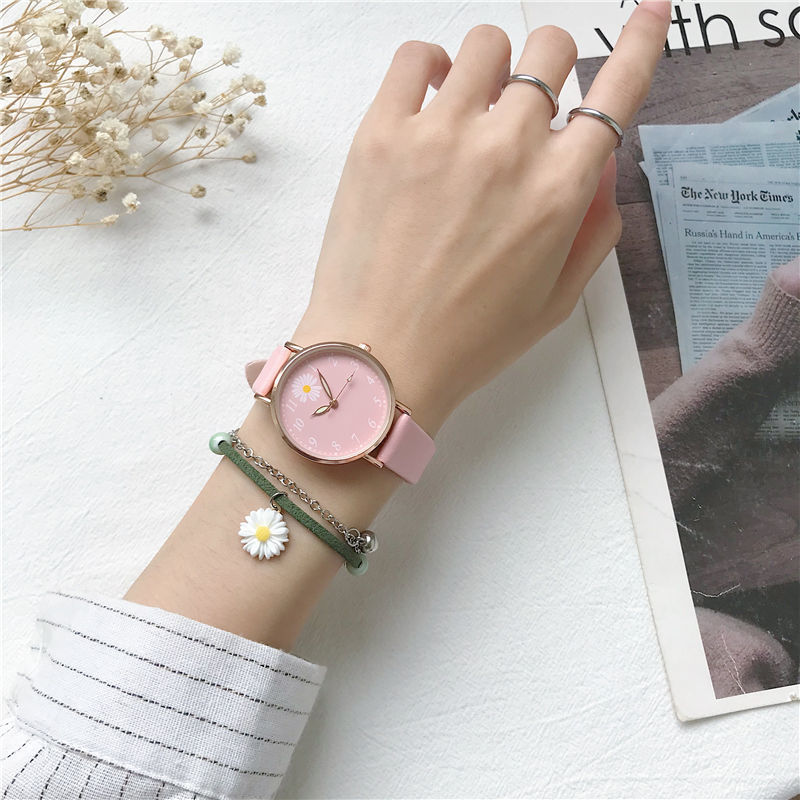 Harajuku estilo margarida relógio infantil simples quartzo couro verde rosa relógios para meninas com pulseira caixa de relógio presente reloj