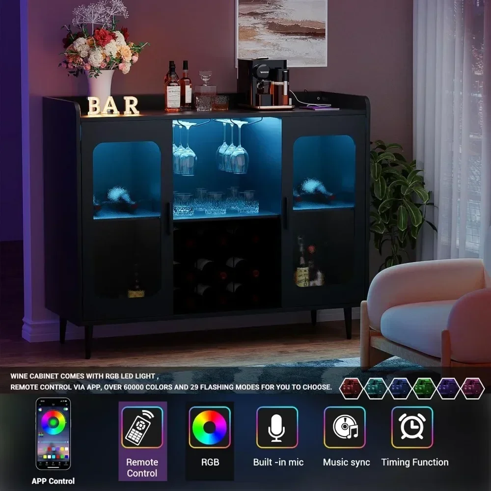 Liquor Cabinet Bar with Power Outlet & LED Light, Wine Bar Cabinet with Wine & Glasses Rack, Buffet Sid, Home Coffee Bar Cabinet