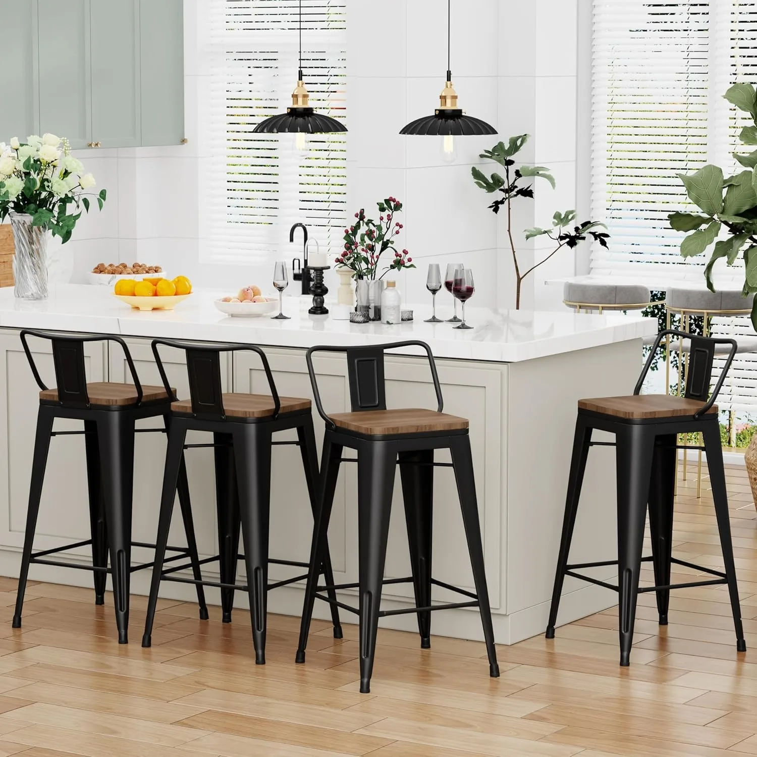 24" Metal Barstools Set of 4, Matte Black Counter Height Bar Stools, Industrial Counter Bar Chairs with Wood Top Low Back