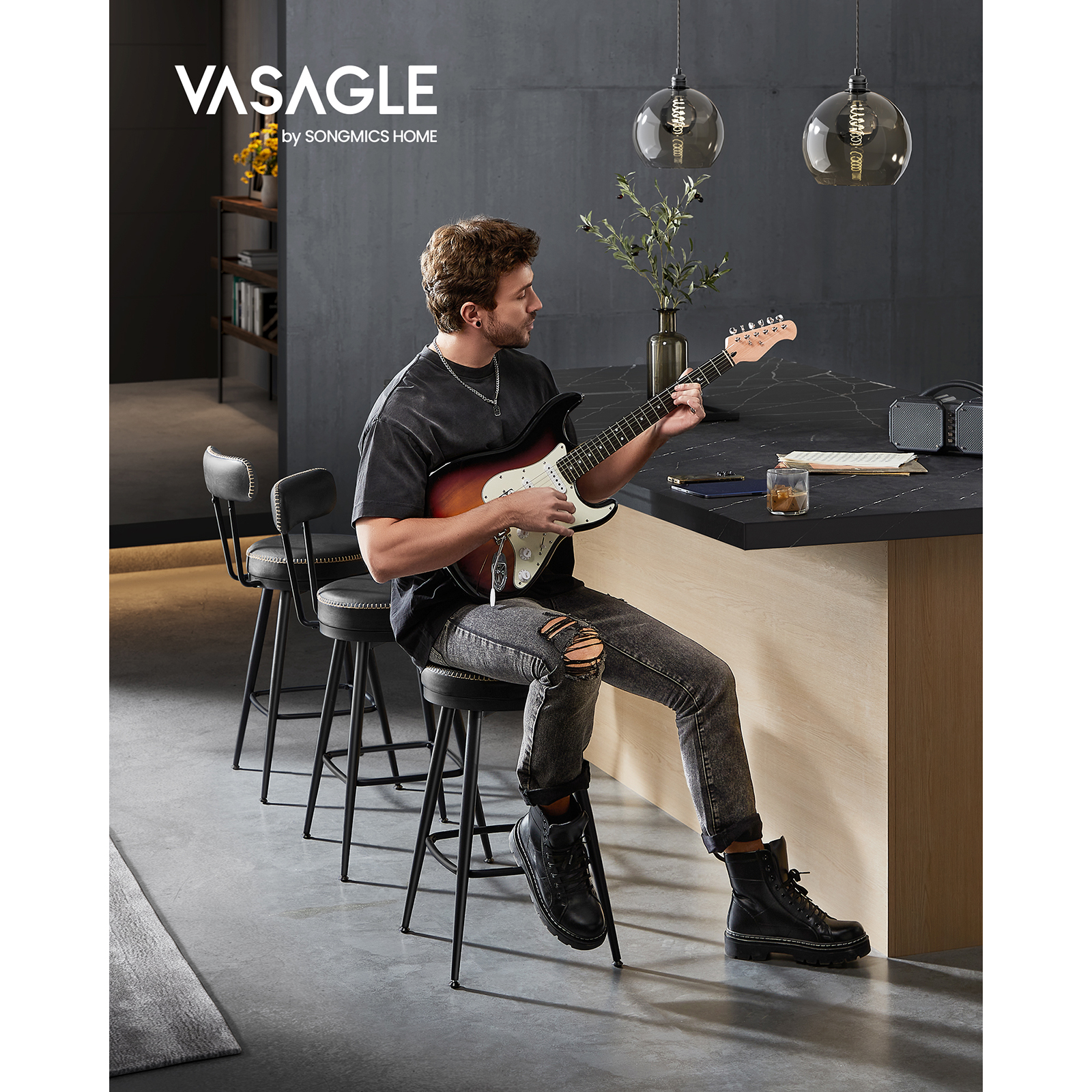 VASAGLE EKHO Collection-Juego de 2 taburetes de Bar, sillas de Bar giratorias con respaldo, piel sintética con costuras, altura de 65 cm