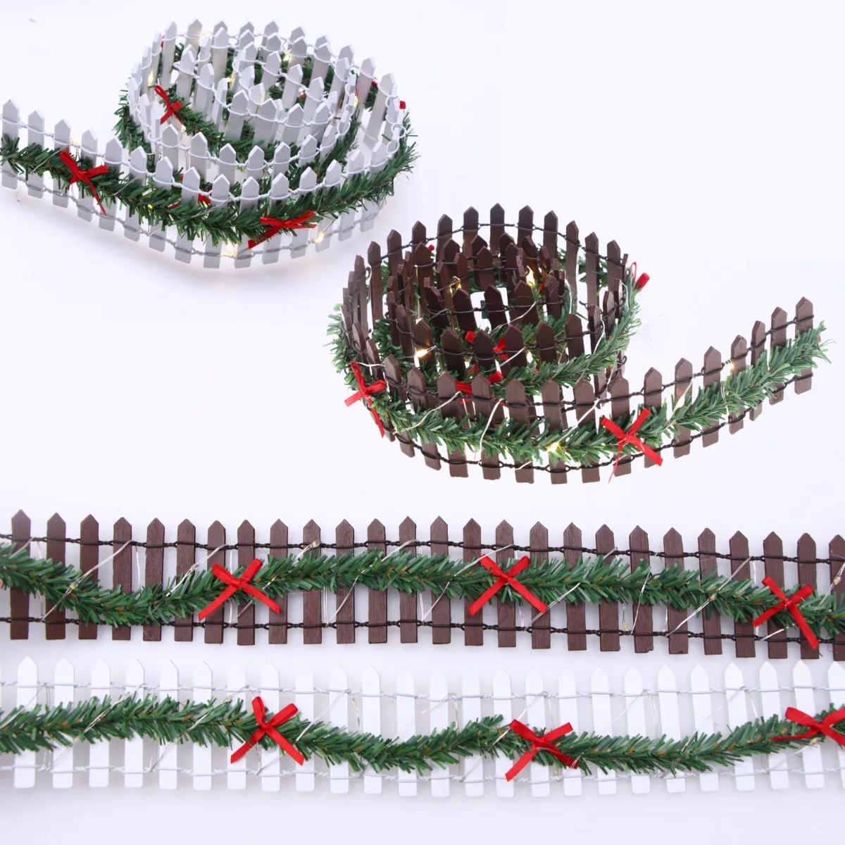 MicoLandscape Christmas Elf Fairy Garden Miniature Wooden Fence Handmade LED Light String Vine Landscape Greenery Evergreen Prop