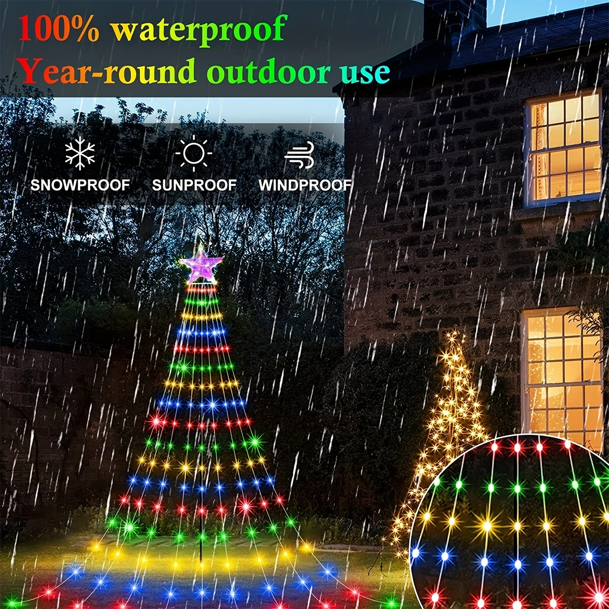 USB/Solar Christmas Tree Lights String Outdoor/Indoor Star Waterfall Lights 8 Modes for Party Halloween Christmas Festive Decor