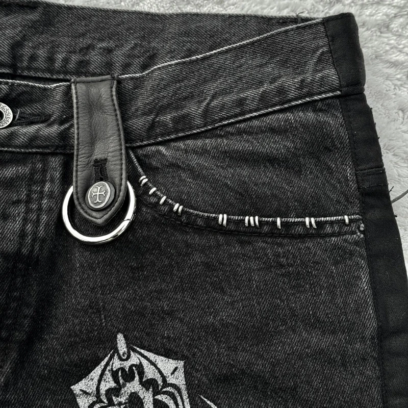 Y2K Black Washed Denim Pants Vintage Cross Leather Detail Micro Flared Jeans Punk High Street Western Cowboy Unisex Streetwear