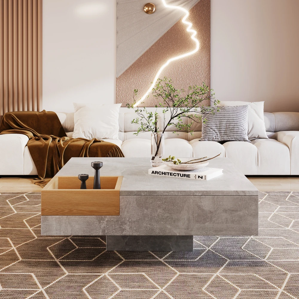 Mesa de centro moderna de 72*72*30cm com caixa de armazenamento removível, mesa lateral, mesa de sofá da sala de estar, estrutura robusta e superfície antiarranhões