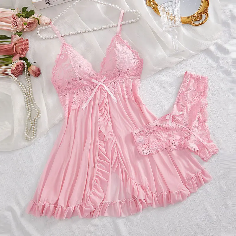 2 pçs conjunto de camisola de renda feminina requintado homewear pijamas transparente divisão camisola com decote em v sutiã calcinha conjuntos