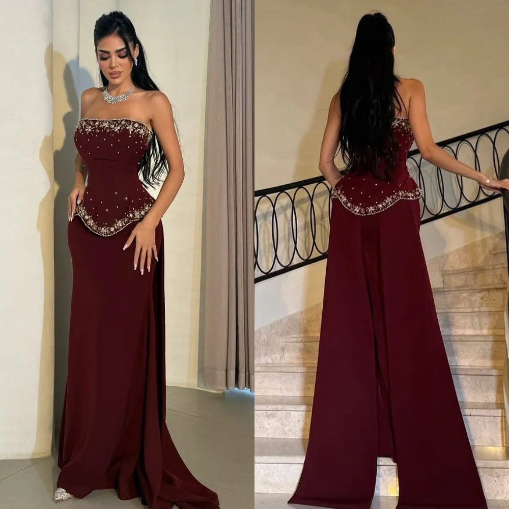 Personalizado estilo moderno brilho jérsei strass lantejoulas plissado em linha reta sem alças vestidos longos vestidos de ocasião sob medida