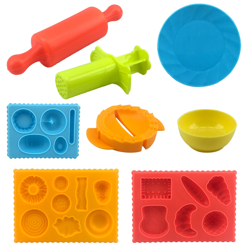Moldes para masa de juego de comida para niños, plástico, frutas, verduras, bola de masa, molde para fideos, cuchillo, tenedor, cuenco, plato, accesorios para masa de juego, Juguetes