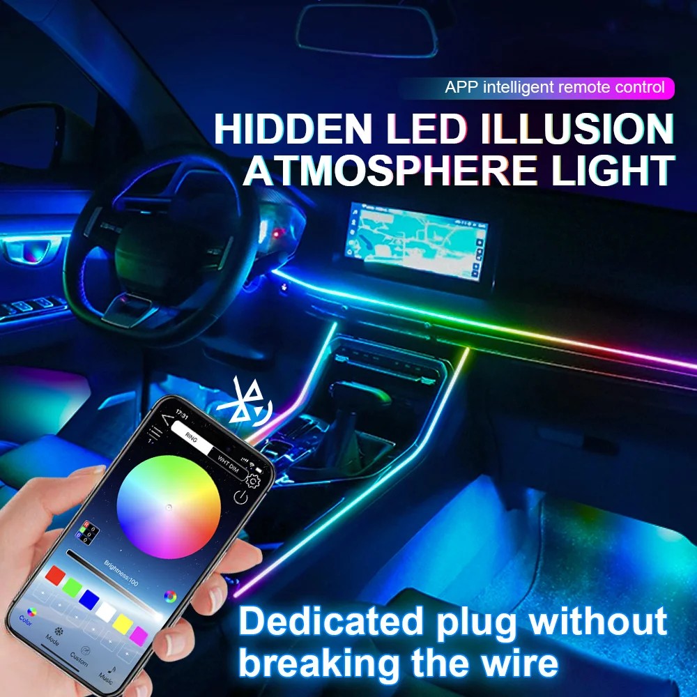 18 em 1 zona dupla sinfonia streamer carro luz ambiente interior led cor cheia rgb neon acrílico tira atmosfera kit de iluminação app