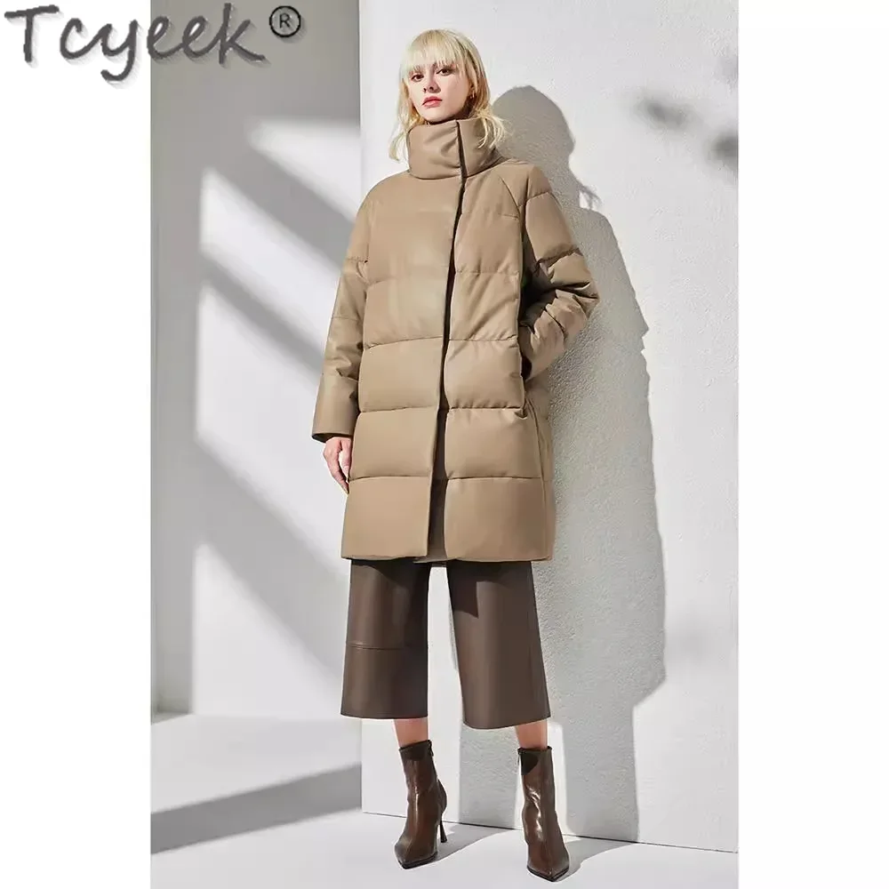 Tcyeek casaco de pele de carneiro de couro genuíno para mulheres jaqueta de comprimento médio jaquetas de inverno jaqueta de couro roupas femininas chaquetas