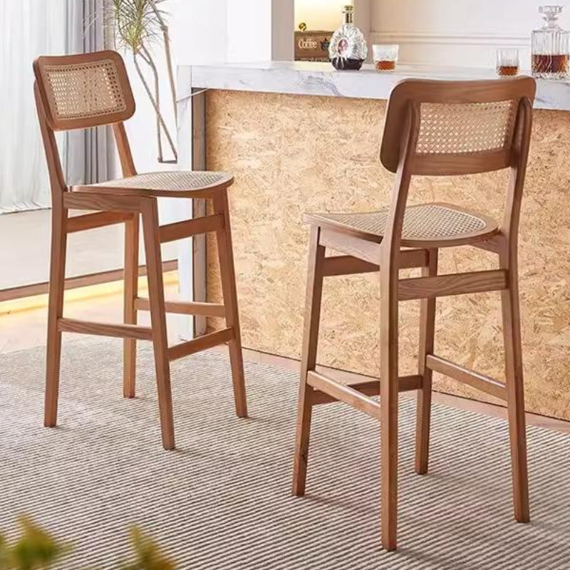 Sillas de Bar de madera maciza nórdica, sillas de Bar cómodas y relajantes de tejido Retro, respaldo ergonómico, Muebles para el hogar