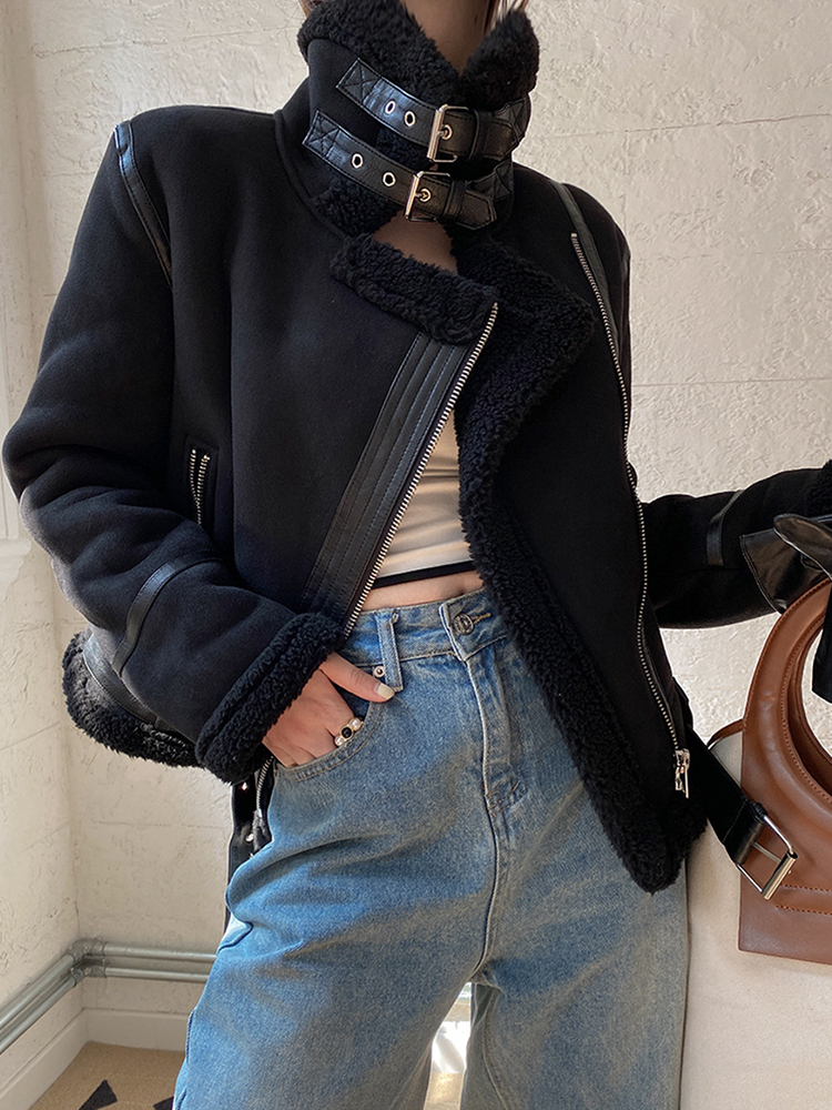 Ailegogo-女性の冬の偽のきらびやかなシープスキンのジャケット、女性の厚い暖かいスエードのラム、短いオートバイのコート、茶色のアウター