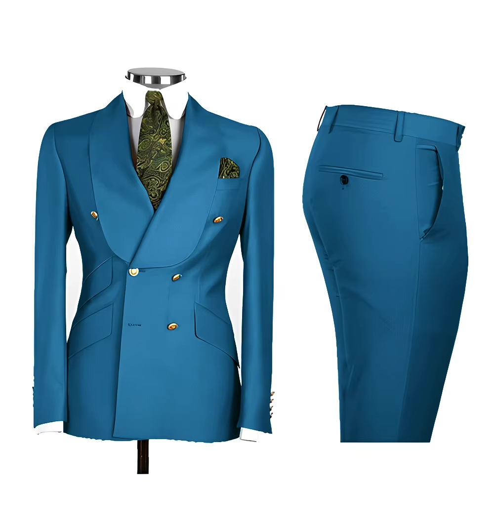 Light Blue Men's Suits Chic Double Breasted Blazer Peak Lapel Elegant Formal Set Male 2 Piece Jacket Pants Wedding Groom Tuxedos