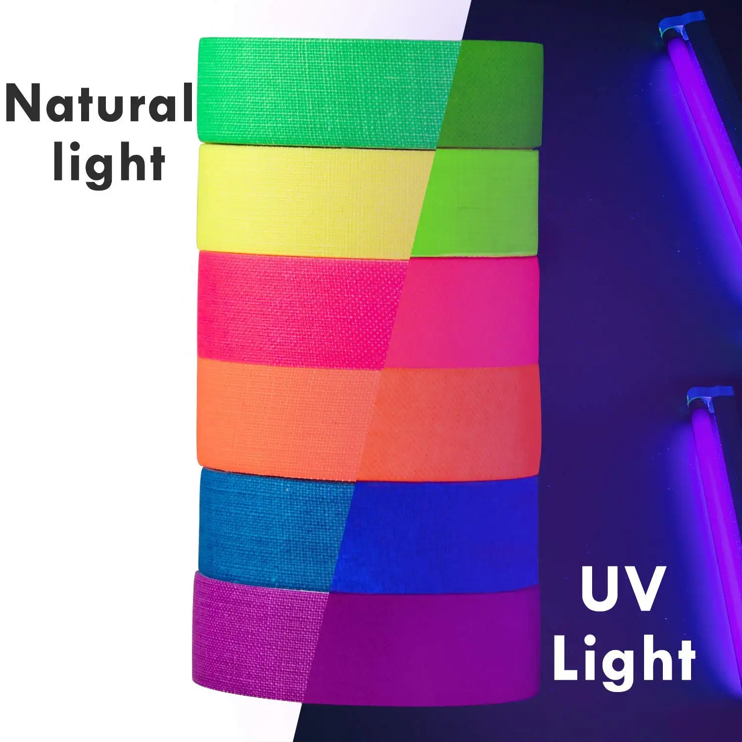 6-Rollen Neon Gaffer-Stoffband, fluoreszierendes UV-Schwarzlicht, im Dunkeln leuchtendes Klebeband für UV-Party-Material, Handkonto-Klebeband, Geschenkpackung