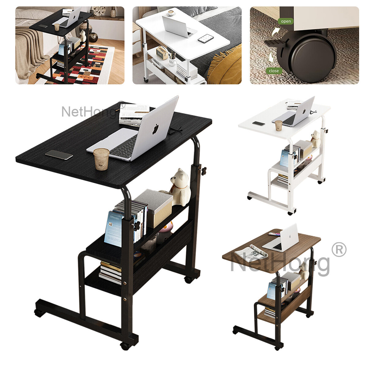 Height Adjustable Mobile Rolling Computer PC Laptop Over Bed Desk Overbed Desk~