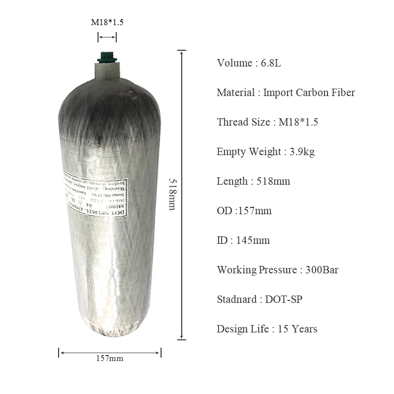 ACECARE 6.8L DOT 4500Psi Carbon Fiber Cylinder High Pressure Cylinder with Regulating Valve Filing Station Scuba Diving M18*1.5