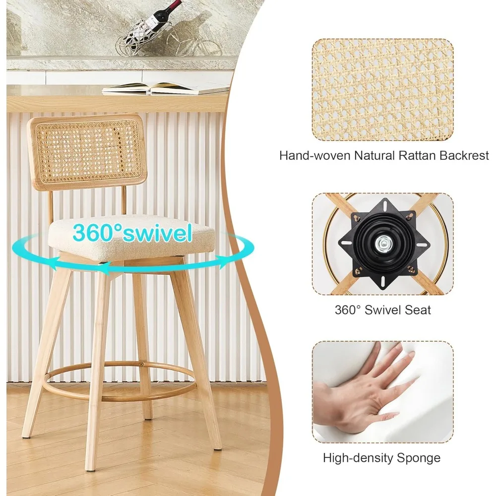 26” Natural Rattan Bar Stools, Swivel Solid Wood Counter Stool Set of 2, Upholstered Armless Bar Chairs with Wooden Legs for Kit