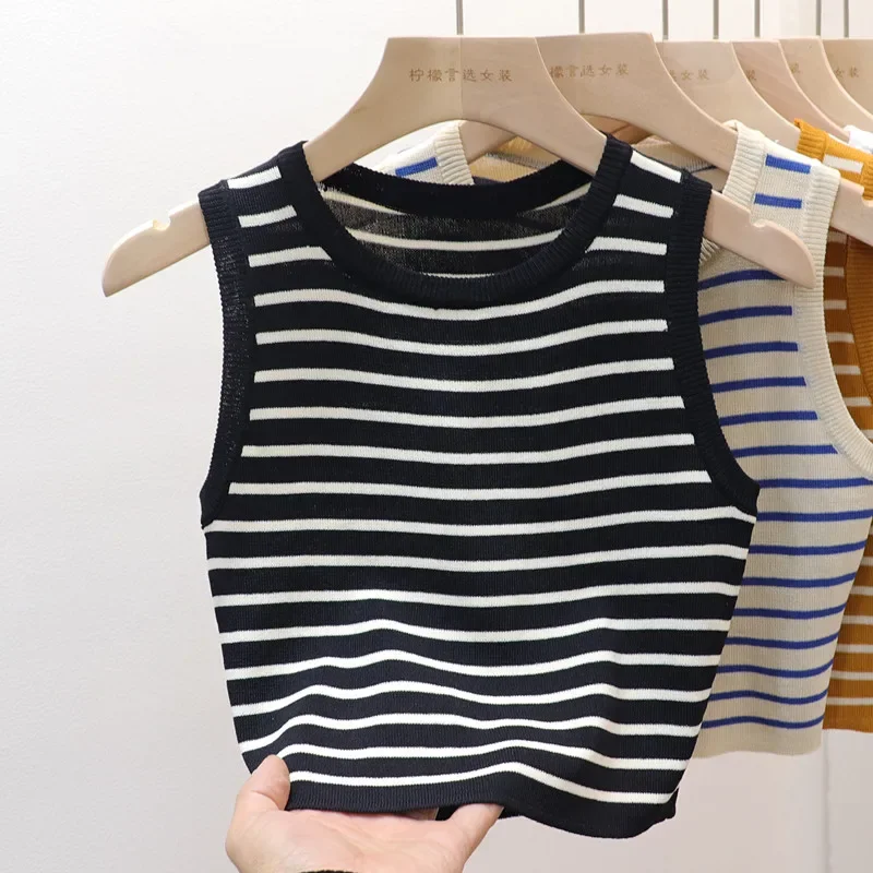 ฤดูร้อนฤดูใบไม้ผลิลายเสื้อผู้หญิงแขนกุดถักเสื้อยืด Crop Tops หญิง Elastic Slim Casual เสื้อ Camis