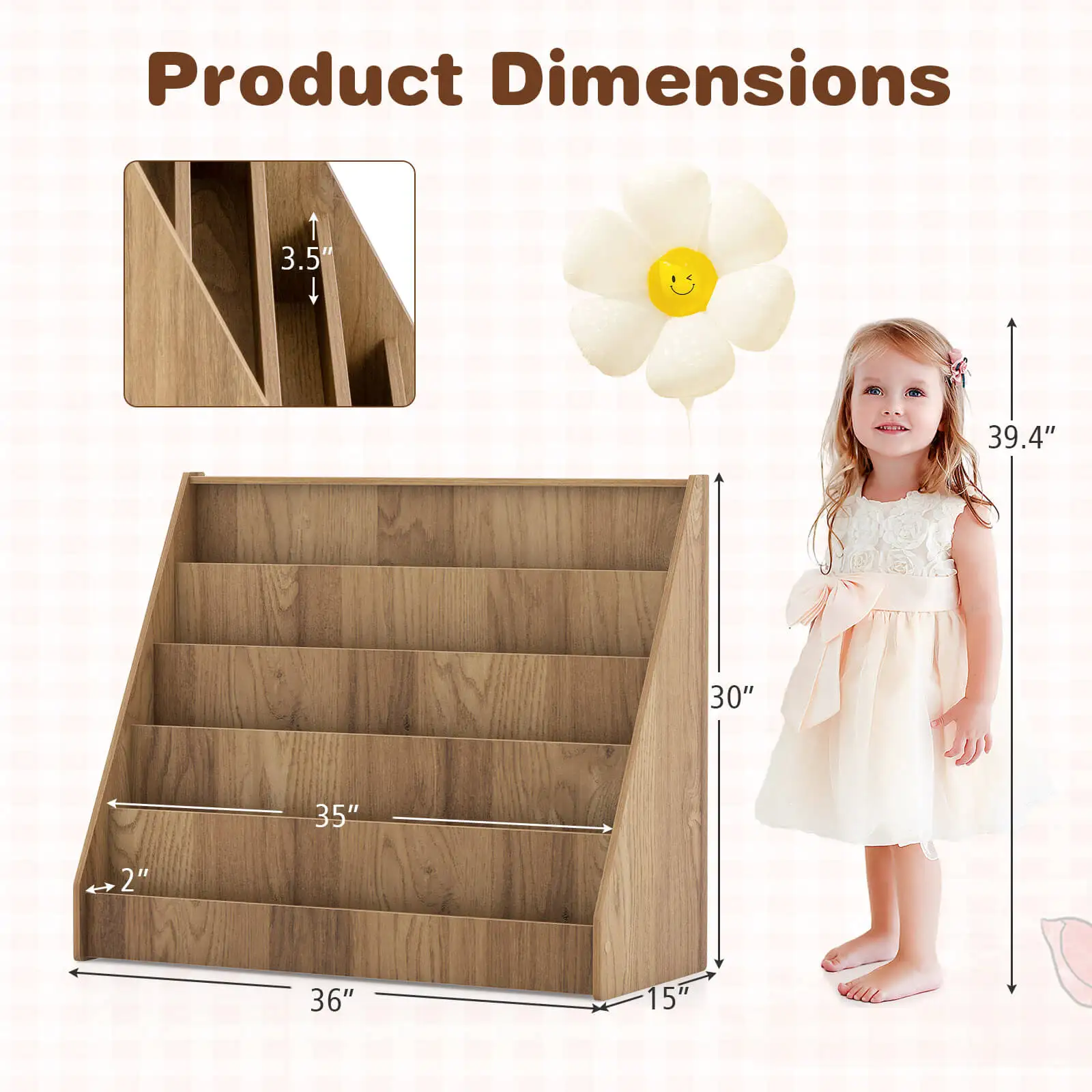 5 Tier Kids Bookshelf w/Anti-Tipping Device Kids-friendly Height for Bedroom