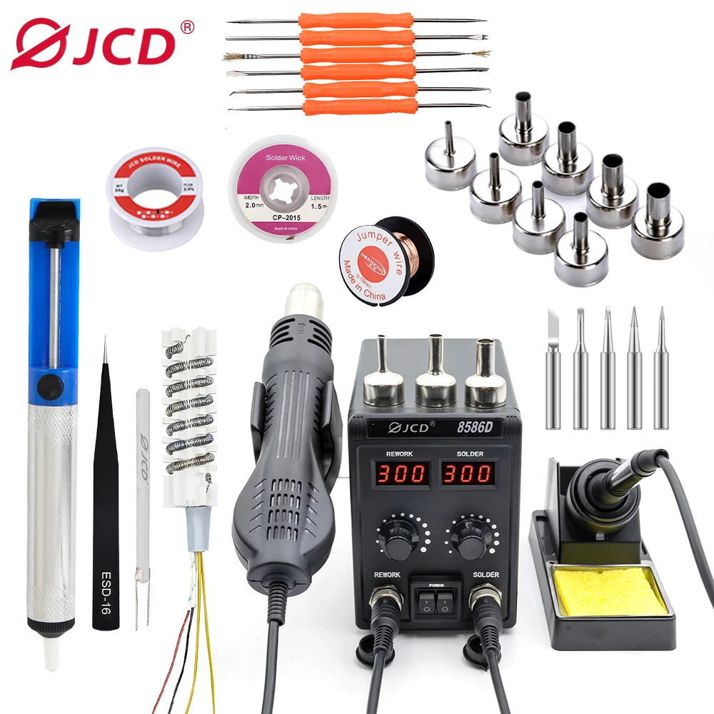 Stazione di saldatura JCD 8586D 2 IN 1 750W Pistola ad aria calda LCD Doppio display digitale Saldatore elettrico Stazione di rilavorazione di saldatura SMD