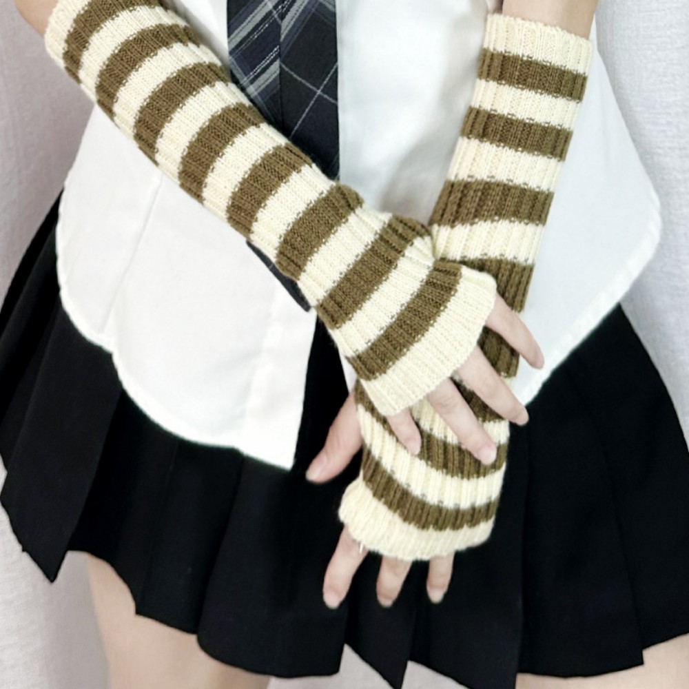 Calentadores de brazo cálidos para mujer, guantes térmicos para codo y muñeca, calentadores de mano, manoplas de codo de lana tejidas a rayas, mangas para brazo para Cosplay
