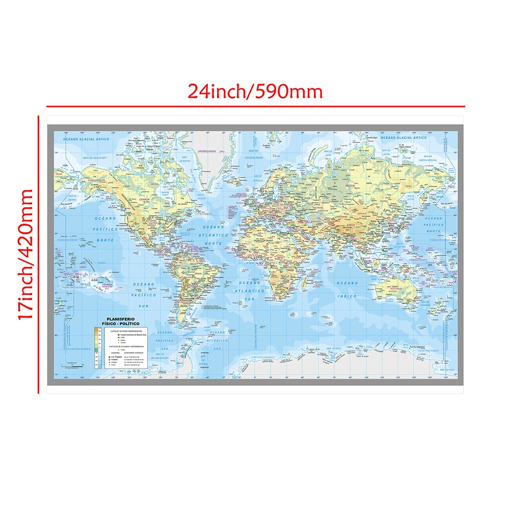 1pc 59x42cm Vinyl World Map Poster in Spanish Background Wall Decor Canvas Print Bedroom Office School Educational Supplies