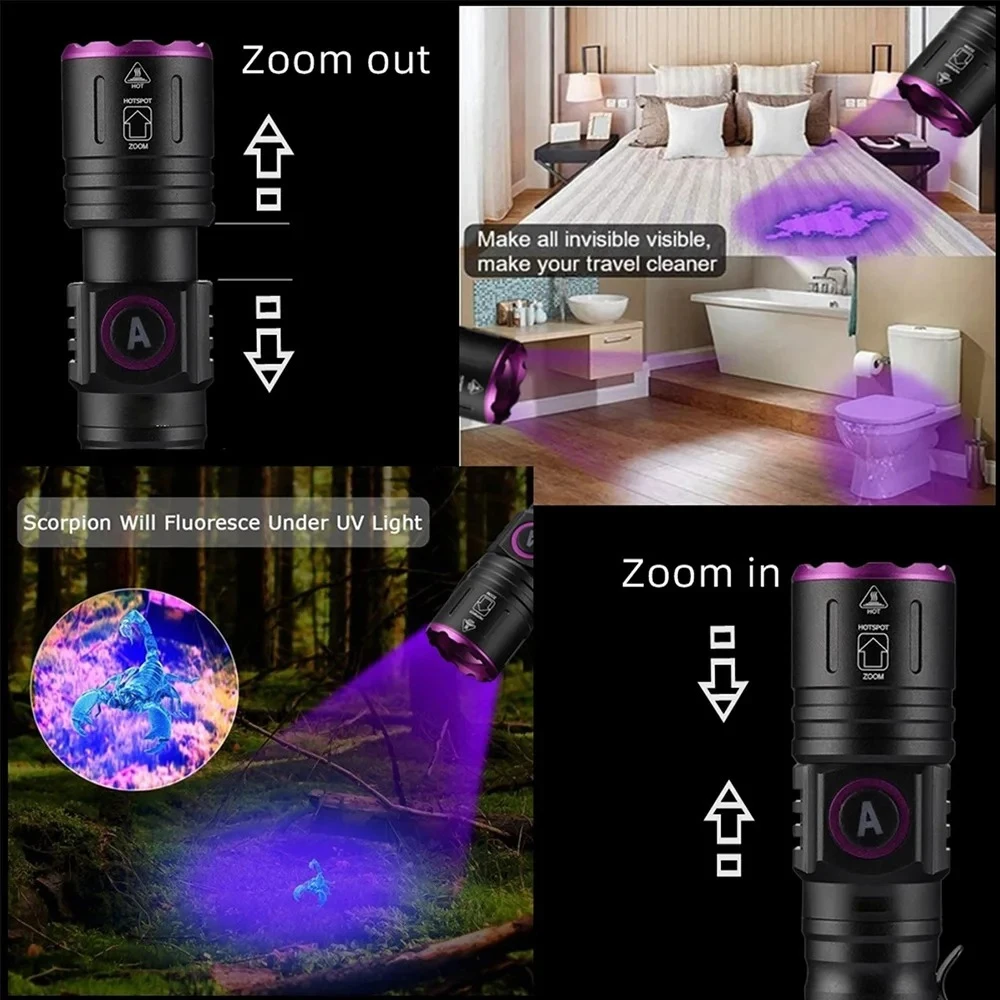 365/395nm UV Flashlight Zoom Type-C USB Rechargeable Black Light For Identification,Pet Urine Detection,Scorpion With Battery