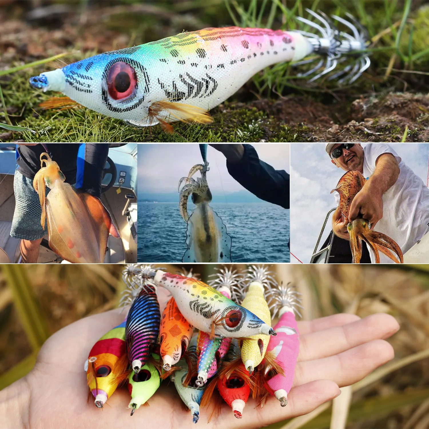 Sougayilang Esca per calamari biomimetici 3D con nastro fluorescente multicolore e pendente in piombo Design a doppio gancio per un forte attrazione