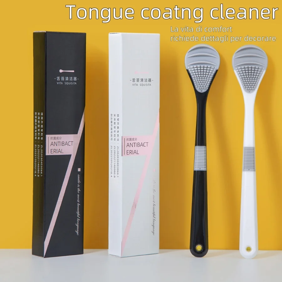 Limpiador de lengua de doble color blanco y negro, raspador de lengua de goma suave, mango, diseño antideslizante, caja independiente enviada