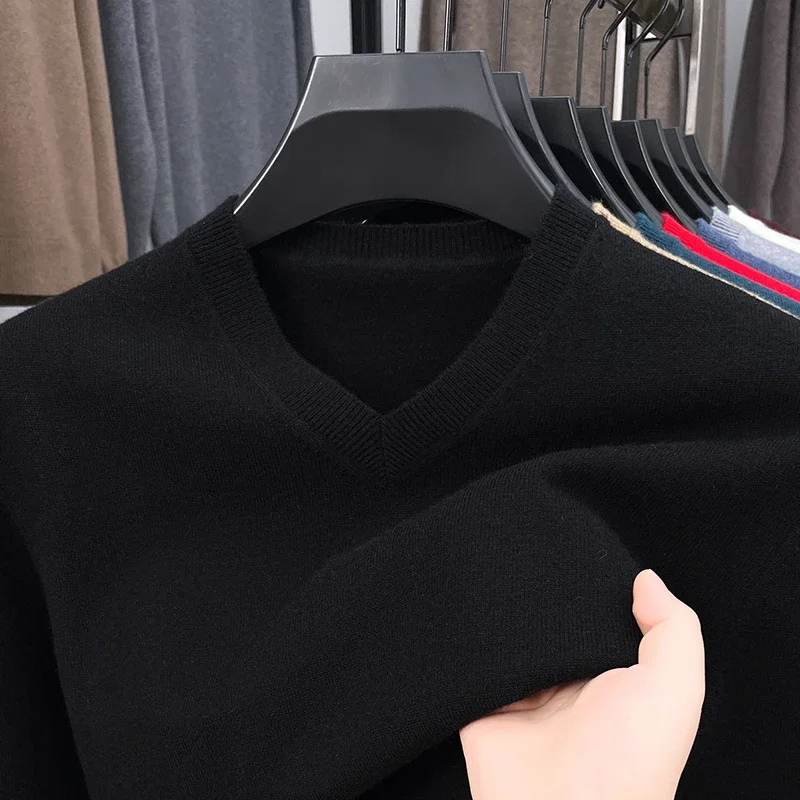 Novo moletom masculino com decote em v básico cor sólida suéteres em torno do pescoço pullovers elásticos quente outono malha camisola de grandes dimensões