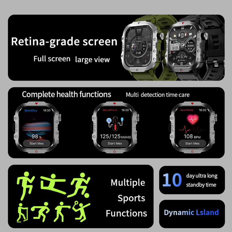 LAXASFIT 2025, robuste Militär-Smartwatch, Herren-Outdoor-Uhr, 2,01 Zoll HD-Touchscreen, Stimme, Bluetooth, Anruf, Smartwatch