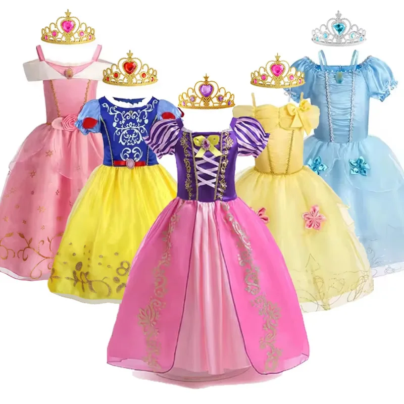 Disney Princess Dress for Girls Cosplay Rapunzel Sofia Aurora Belle Costume Halloween Carnival Kids Birthday Ball Gown Clothes