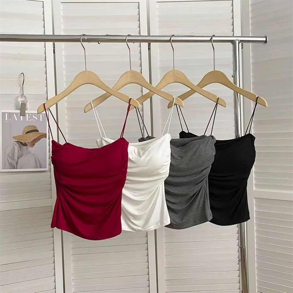 1 Pc Stylish Waist Pleated Corset - Soft support fixed chest pad sleeveless vest Sexy short top with thin straps Solid color
