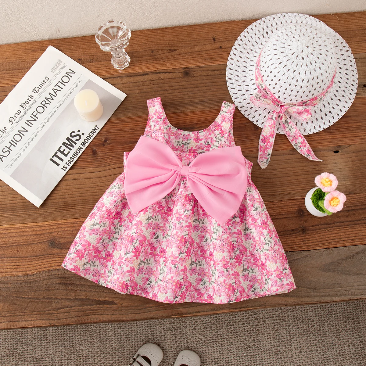 ฤดูร้อน Beach Party Dress สําหรับสาว Rose Red Bow ดอกไม้พิมพ์ชุดกระโปรงสาวชุดลําลองกลางแจ้งส่งหมวก