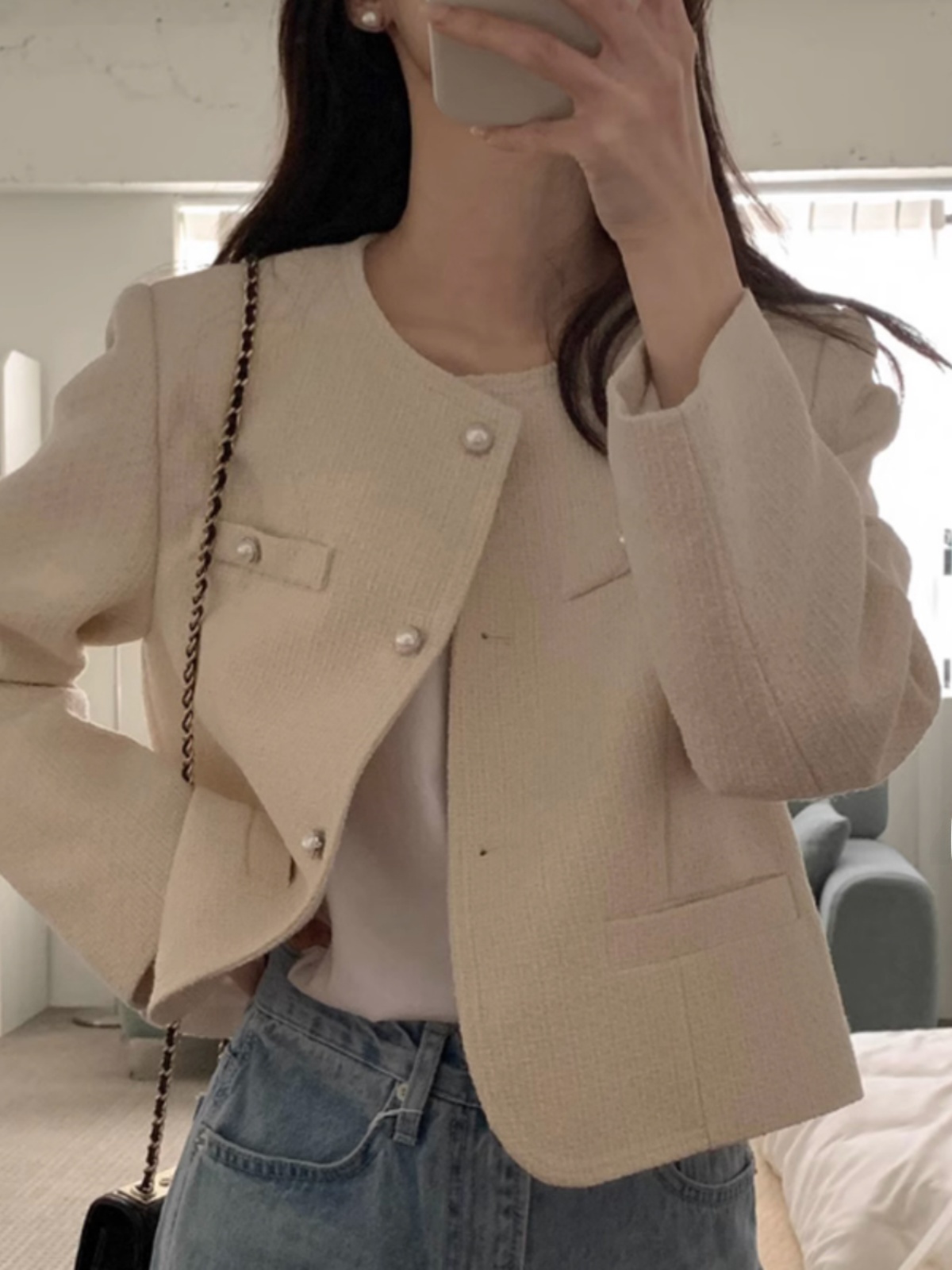 Chic Coarse Weave Short Thin Bubble Sleeve round Neck Button up Outerwear for Women Slish Commute Loose Fit Autumn Top
