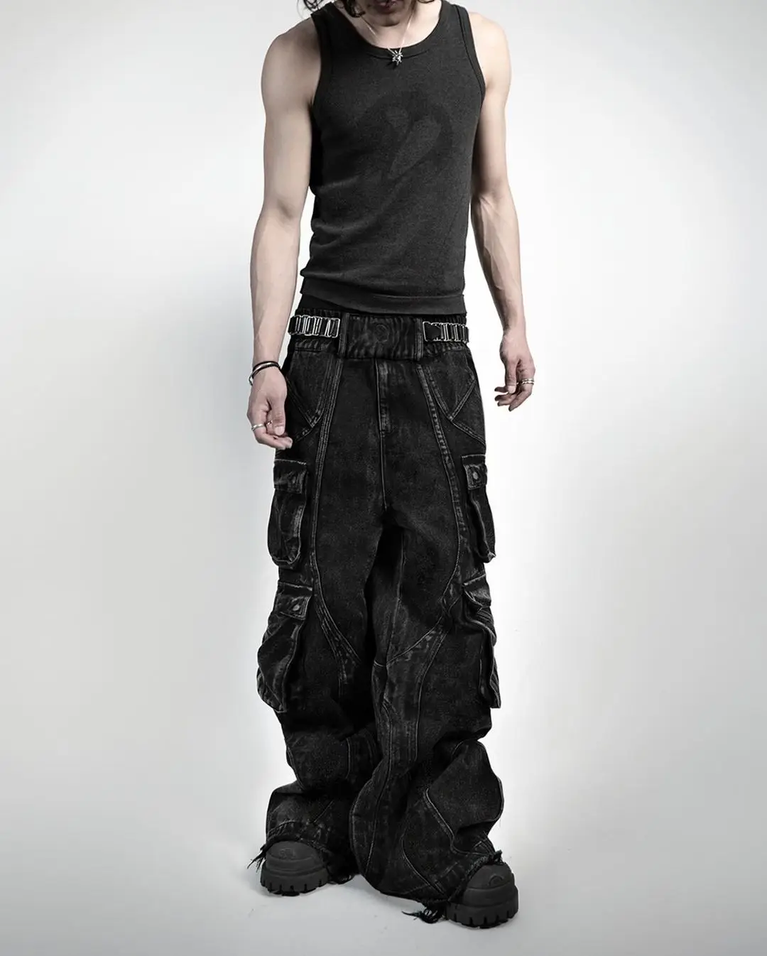 Spodnie z szerokimi nogawkami dla mężczyzn i kobiet z wysokim stanem Punk Multi-Pocket Harajuku Washed Hip-Hop New Heavy Industry Y2K
