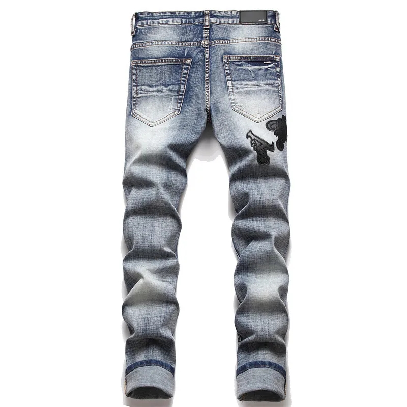 Jeans rasgado de streetwear masculino, calça estilo punk, pés pequenos, moda slim, bordado da marca, novo