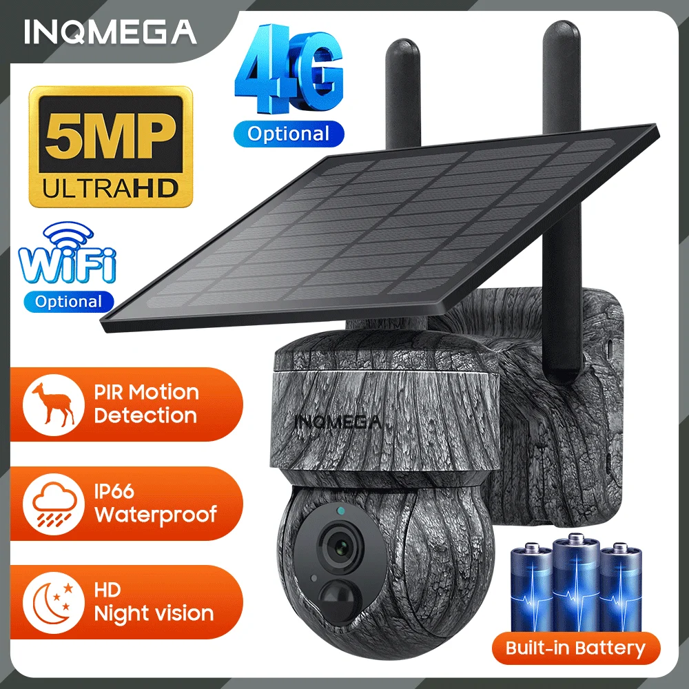 INQMEGA 5MP 4MP WIFI Wireless PTZ Solar Camera 4G SIM With Solar Panel Two Way Audio Security Protection CCTV Camera Battery Cam
