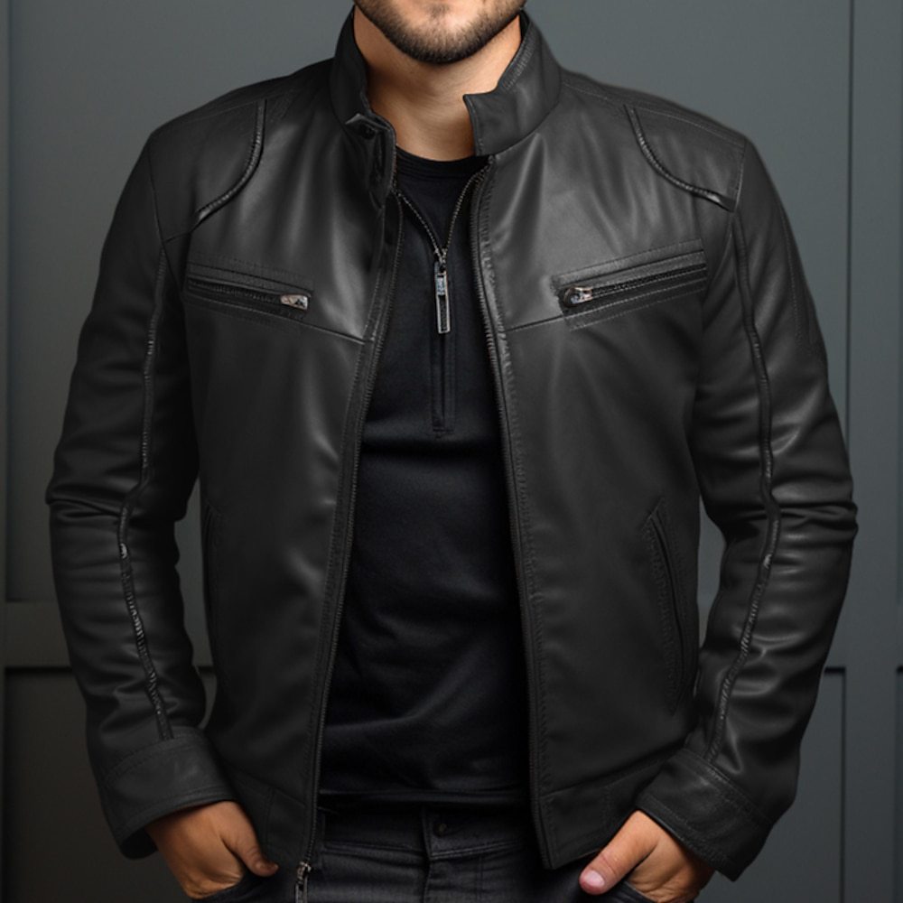 Chaqueta de cuero de motociclista para hombre Chaqueta de cuero punk con cuello alto para hombre