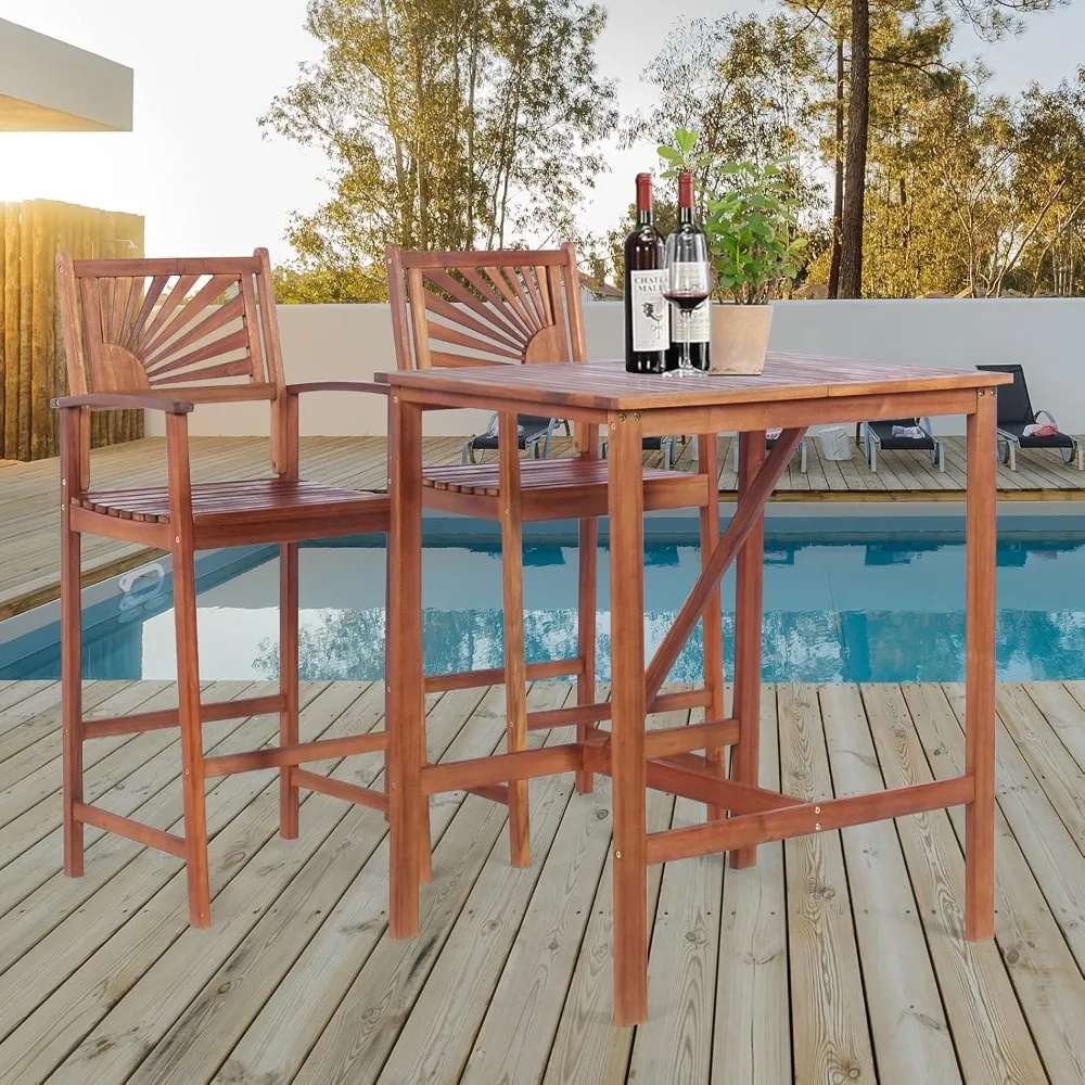 Outdoor Acacia Wood Dining Set, Spacious Tabletop, Comfortable Backrest, Suitable for Sunroom, Backyard Balcony, Space-Saving
