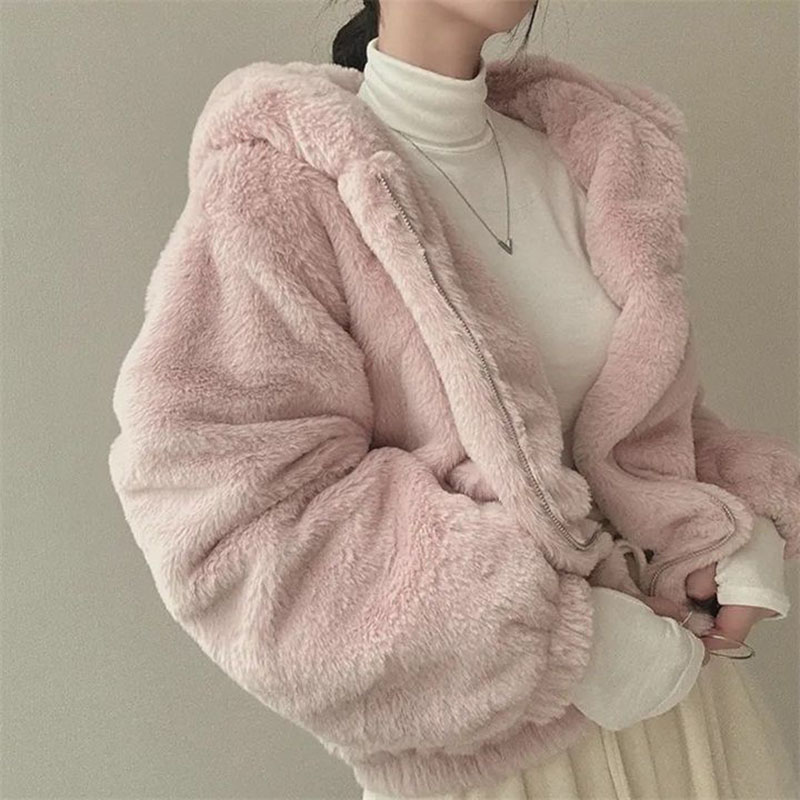 Biyaby Winter Faux Pelz Mit Kapuze Outwear Frauen Hohe Qualität Streetwear Zipper Solide Mäntel Weiblichen Koreanischen Verdicken Plüsch Warme Jacken