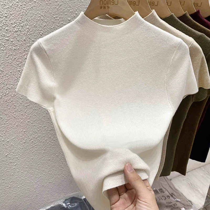 Sweter damski z golfem, gładki, cienki, dzianinowy, dopasowany, z krótkim rękawem, model bodycon, 2025