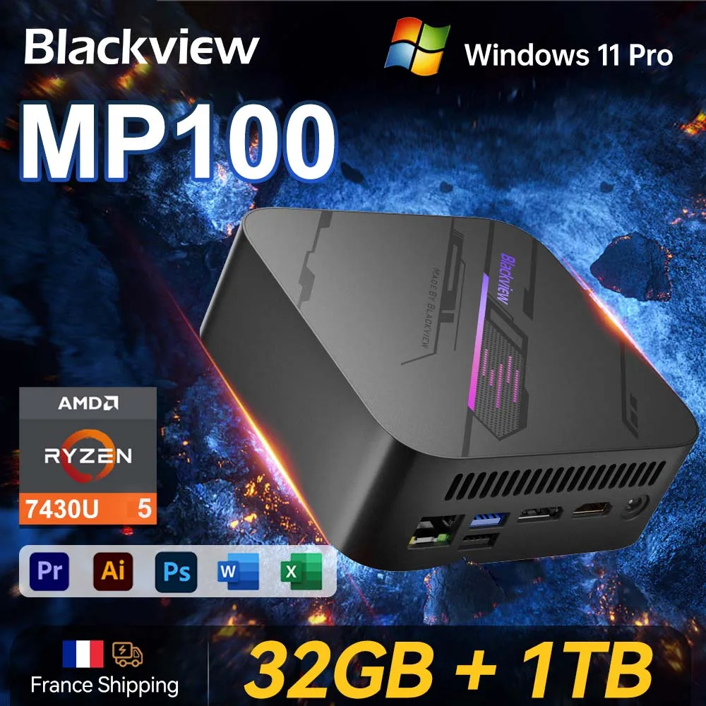 Blackview MP100 mini-pc AMD Ryzen 5 7430U 16 GB / 32 GB RAM 512 GB / 1 TB SSD, minicomputer met WiFi 6 / BT 5.2 / 4K drievoudig display