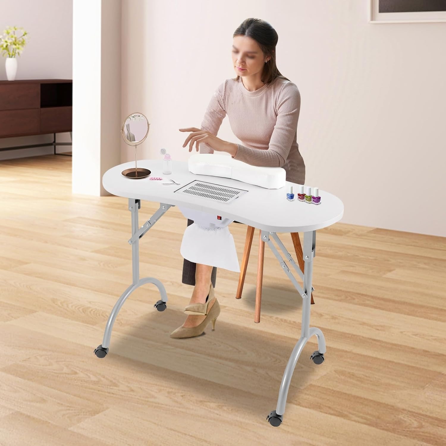 Nageltisch mit Saugnapf, Maniküretisch mit 4 Universalrädern und Staubsaugerbeuteln, Nageltisch für Haushalte, Nagelstudios