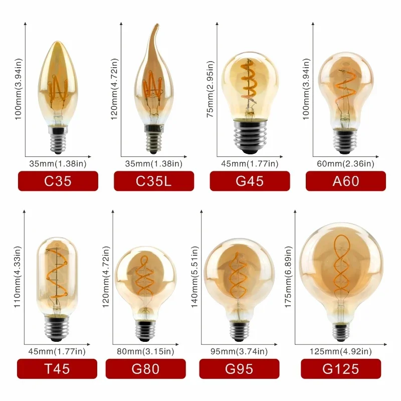 E14 E27 Retro LED Spiral Filament Light Bulb 4W Warm Yellow 220V C35 A60 T45 ST64 T185 T225 G80 G95 G125 Vintage Edison Lamp